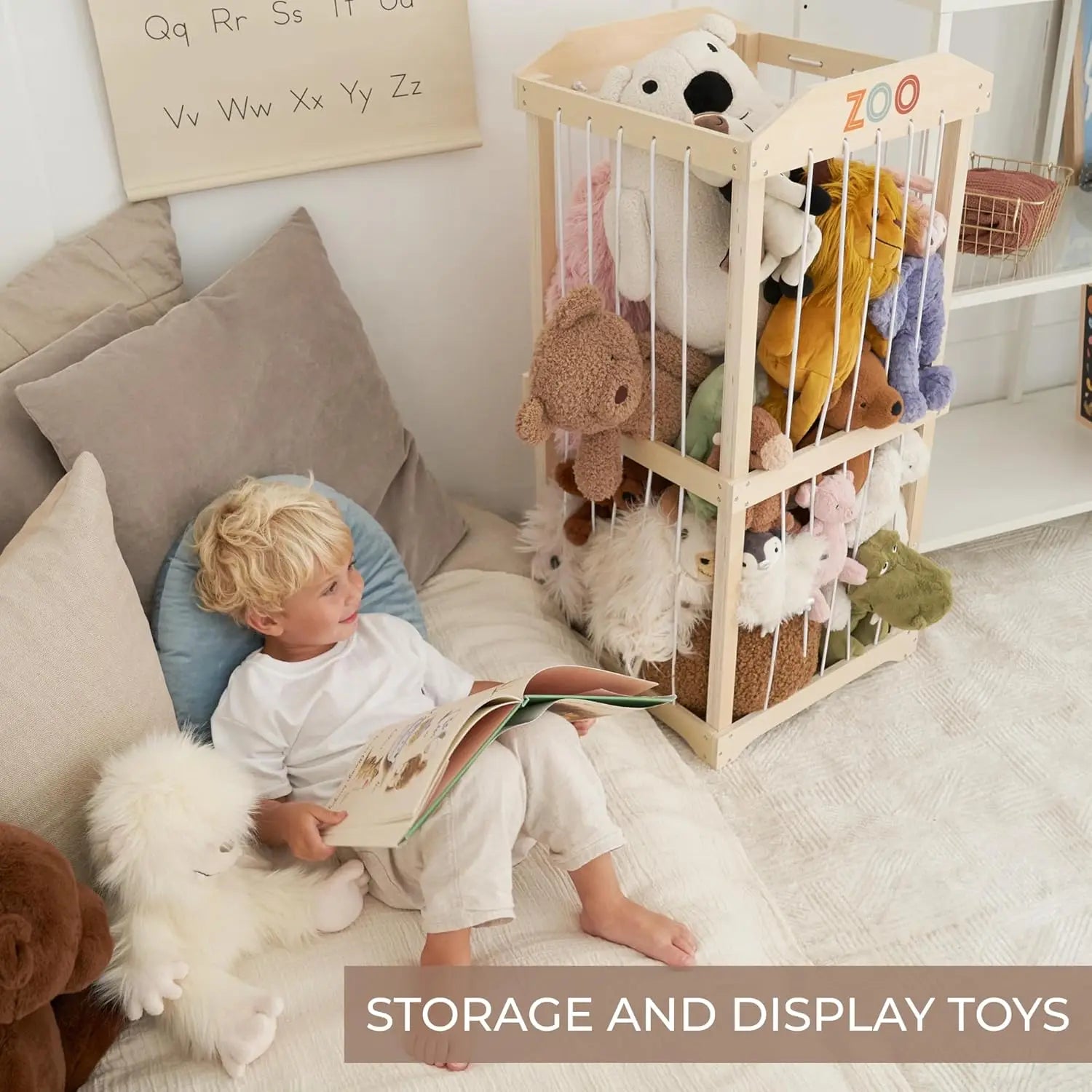 Large Wooden Toy Storage Organizer for Kids Playroom, Easy to Assemble Stuffed Animal Zoo Holder