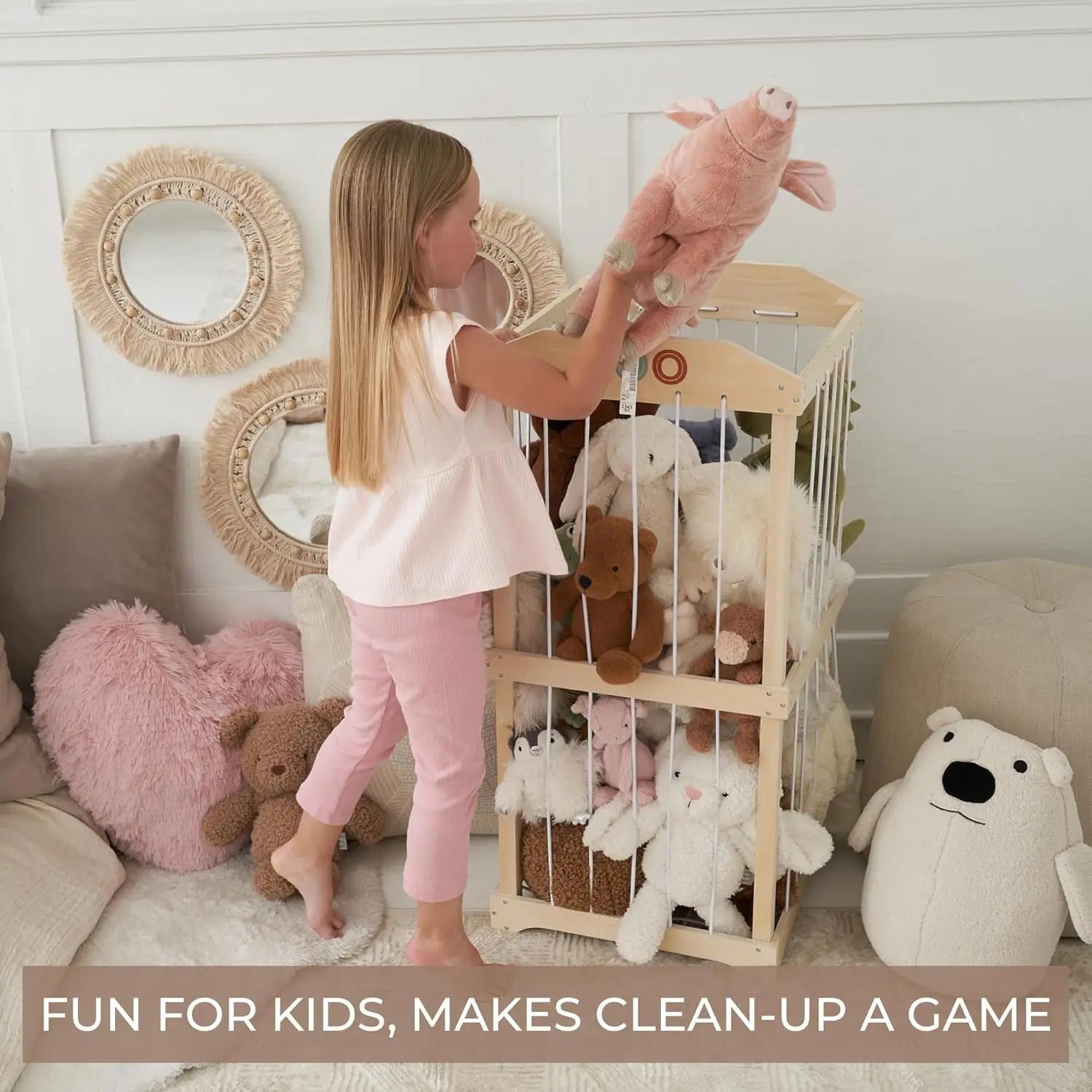 Large Wooden Toy Storage Organizer for Kids Playroom, Easy to Assemble Stuffed Animal Zoo Holder