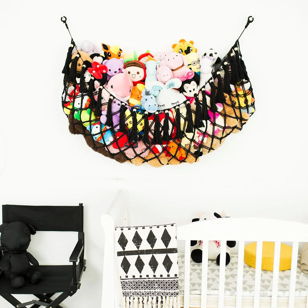 Wall-Mounted Stuffed Animal Hammock, Handmade Macrame Toy Storage Net for Plushies Organizer (Black)