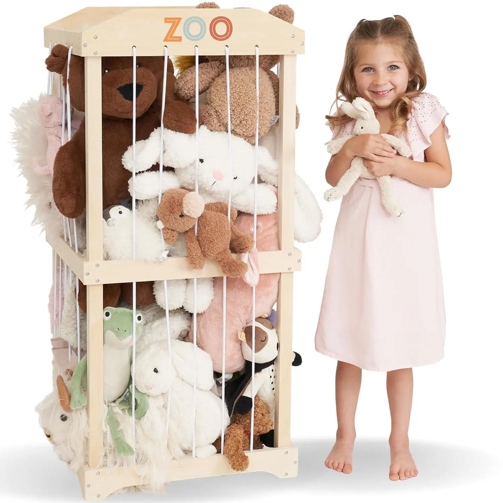 Large Wooden Toy Storage Organizer for Kids Playroom, Easy to Assemble Stuffed Animal Zoo Holder