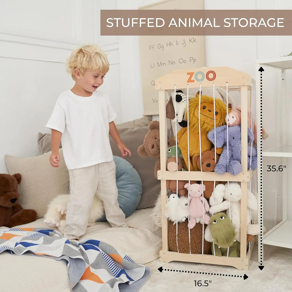 Large Wooden Toy Storage Organizer for Kids Playroom, Easy to Assemble Stuffed Animal Zoo Holder