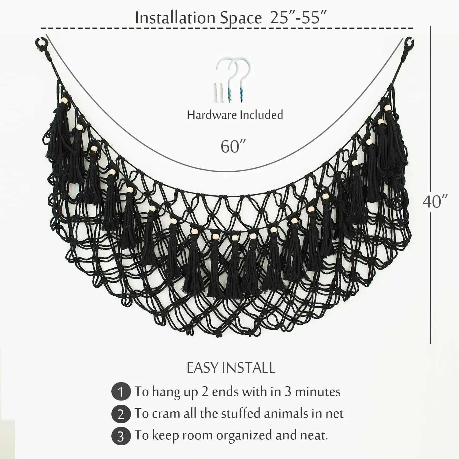 Wall-Mounted Stuffed Animal Hammock, Handmade Macrame Toy Storage Net for Plushies Organizer (Black)