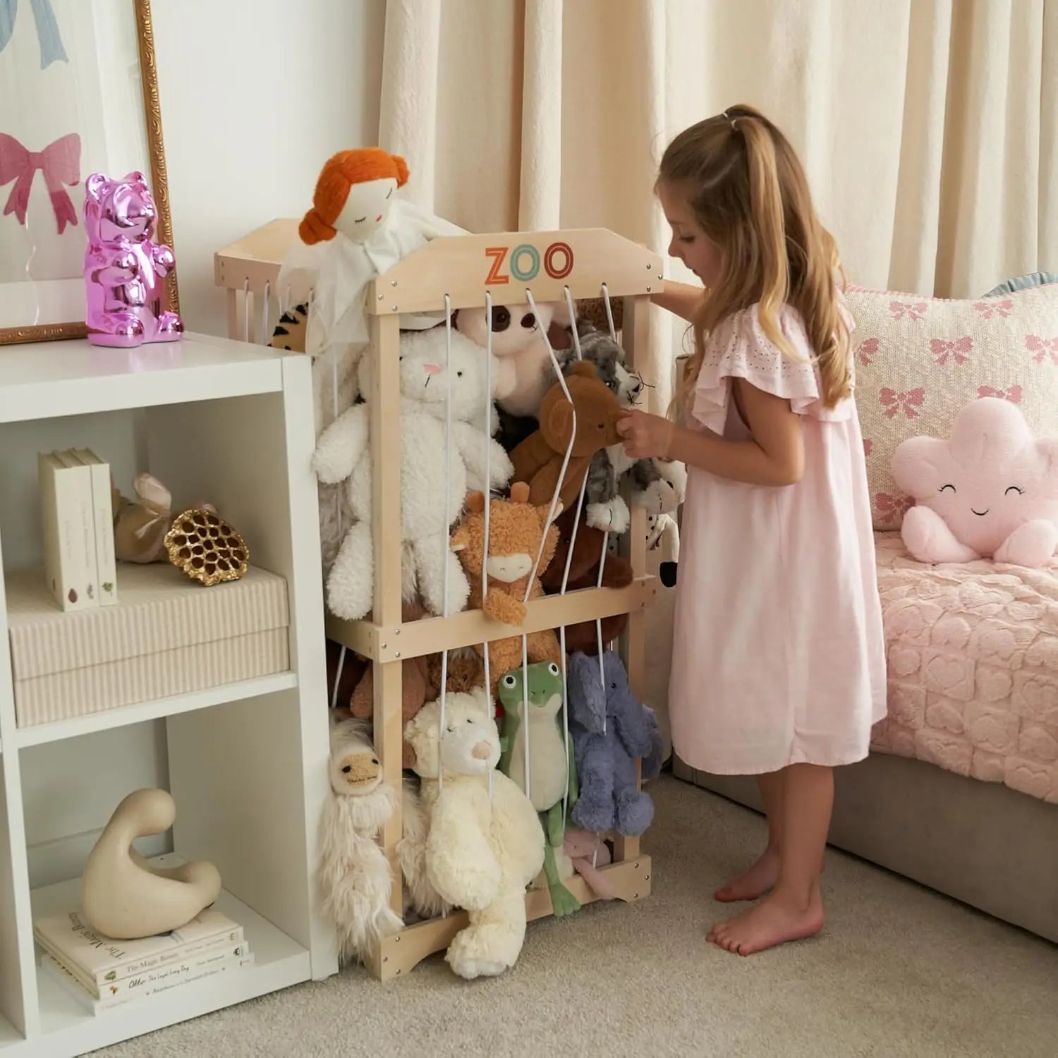 Large Wooden Toy Storage Organizer for Kids Playroom, Easy to Assemble Stuffed Animal Zoo Holder