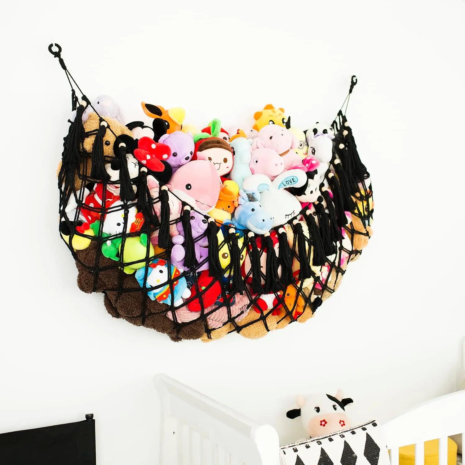 Wall-Mounted Stuffed Animal Hammock, Handmade Macrame Toy Storage Net for Plushies Organizer (Black)