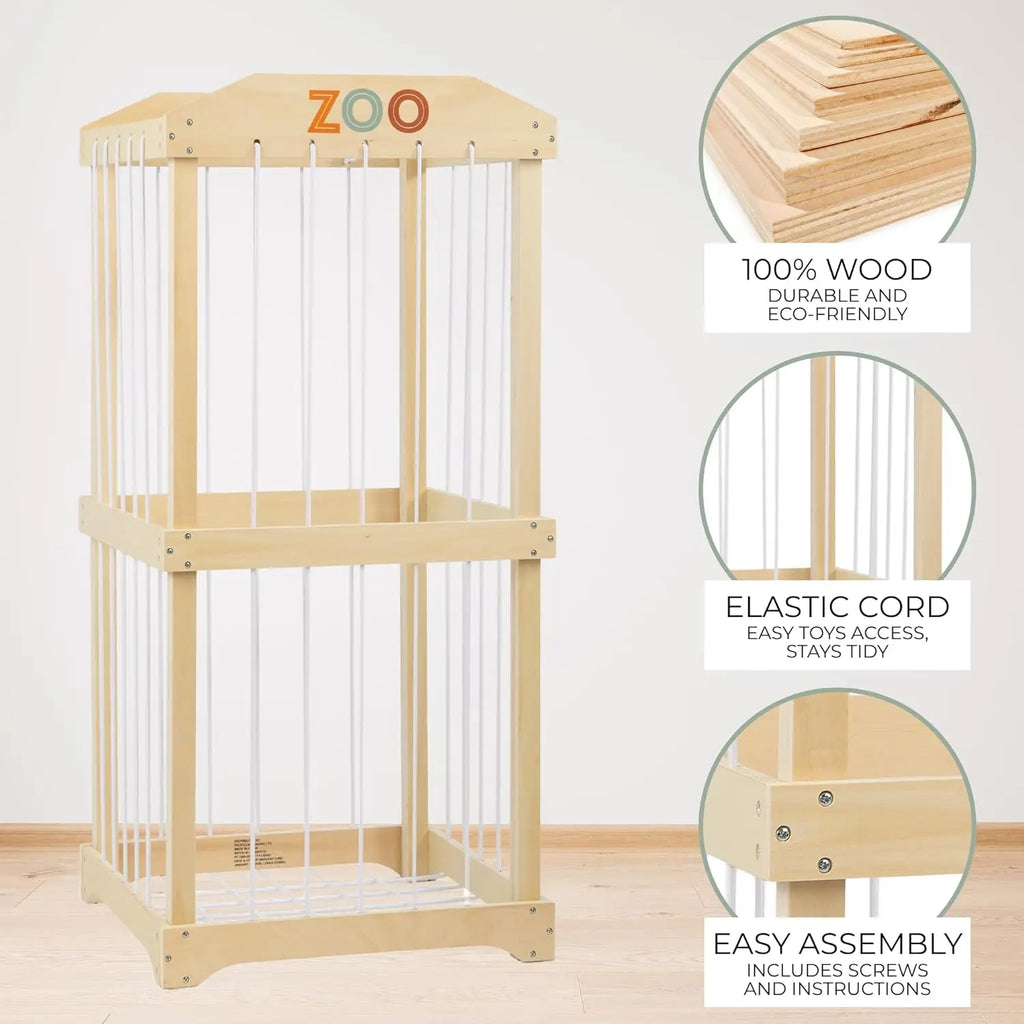 Large Wooden Toy Storage Organizer for Kids Playroom, Easy to Assemble Stuffed Animal Zoo Holder