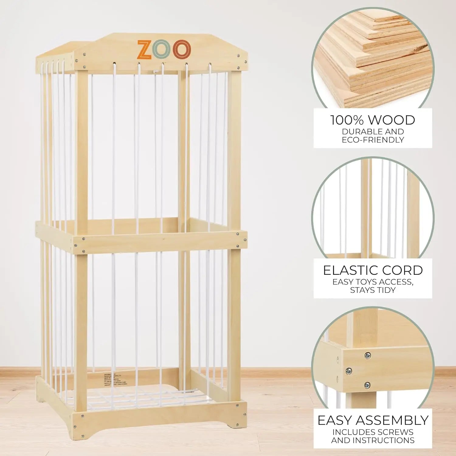 Large Wooden Toy Storage Organizer for Kids Playroom, Easy to Assemble Stuffed Animal Zoo Holder