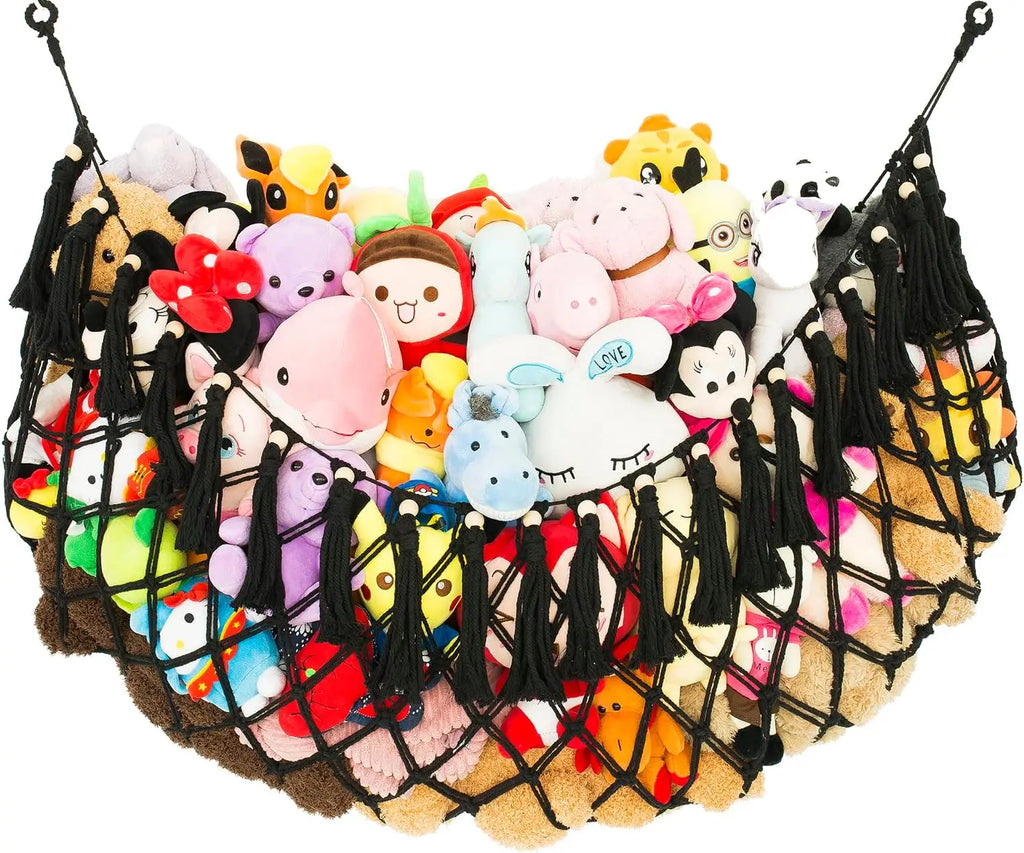 Wall-Mounted Stuffed Animal Hammock, Handmade Macrame Toy Storage Net for Plushies Organizer (Black)